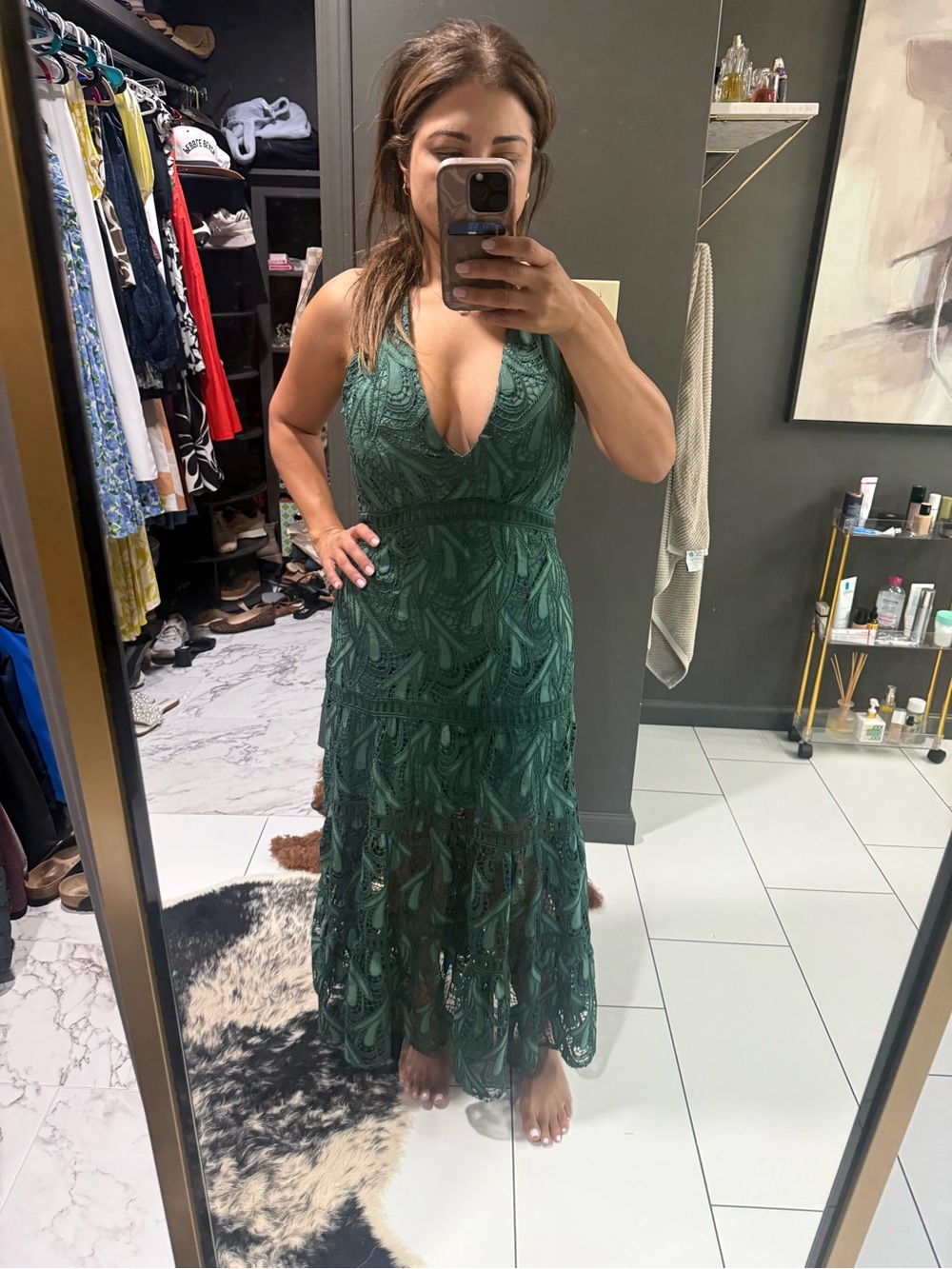 Green Lace V-Neck Maxi Dress